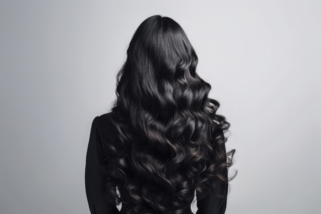 Long Black Curly Hair , Rear View On White Background